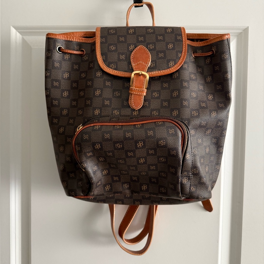 Brown Italian Leather Monogram Backpack with Tan Trim